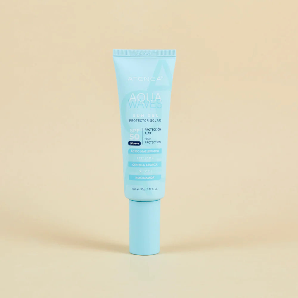 Protector Solar Atenea Aqua Waves Sun Gel SPF 50 | Con Ácido Hialurónico y Niacinamida | 50 g