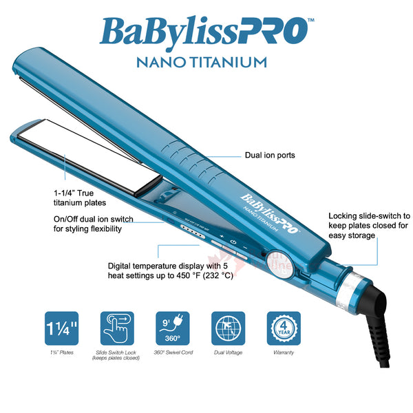 Plancha Profesional BaBylissPRO Nano Titanium 1-1/4" | Tecnología Dual Iónica y Control de Temperatura