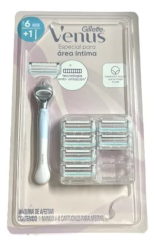 Kit Máquina de Afeitar Gillette Venus Área Íntima - 1 Mango y 6 Cartuchos