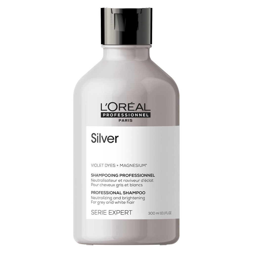 Shampoo L'Oréal Serie Expert Silver (300ml) | Neutralización Profesional con Tintes Violetas y Magnesio para Cabellos Grises y Blancos