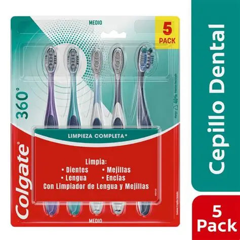 Pack 5 Cepillos de Dientes Colgate 360° Limpieza Completa Cerdas Medias