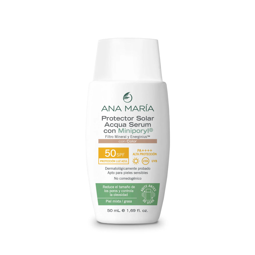 Protector Solar Ana María Acqua Serum con Color SPF 50 | Control de Poros y Oleosidad