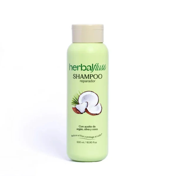 Shampoo Reparador Herbal Fluss 500ml | Aceite de Argán, Oliva y Coco
