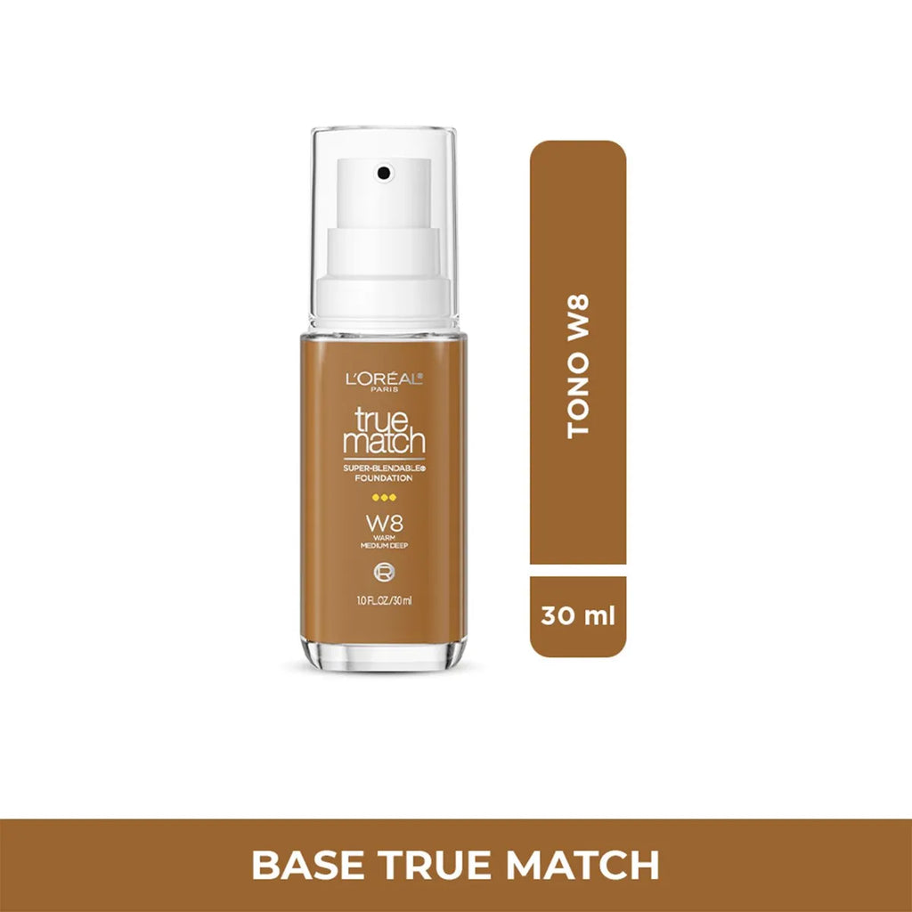 Base de Maquillaje L'Oréal True Match | Tono W8 | Acabado Natural y Hidratante | 30 ml